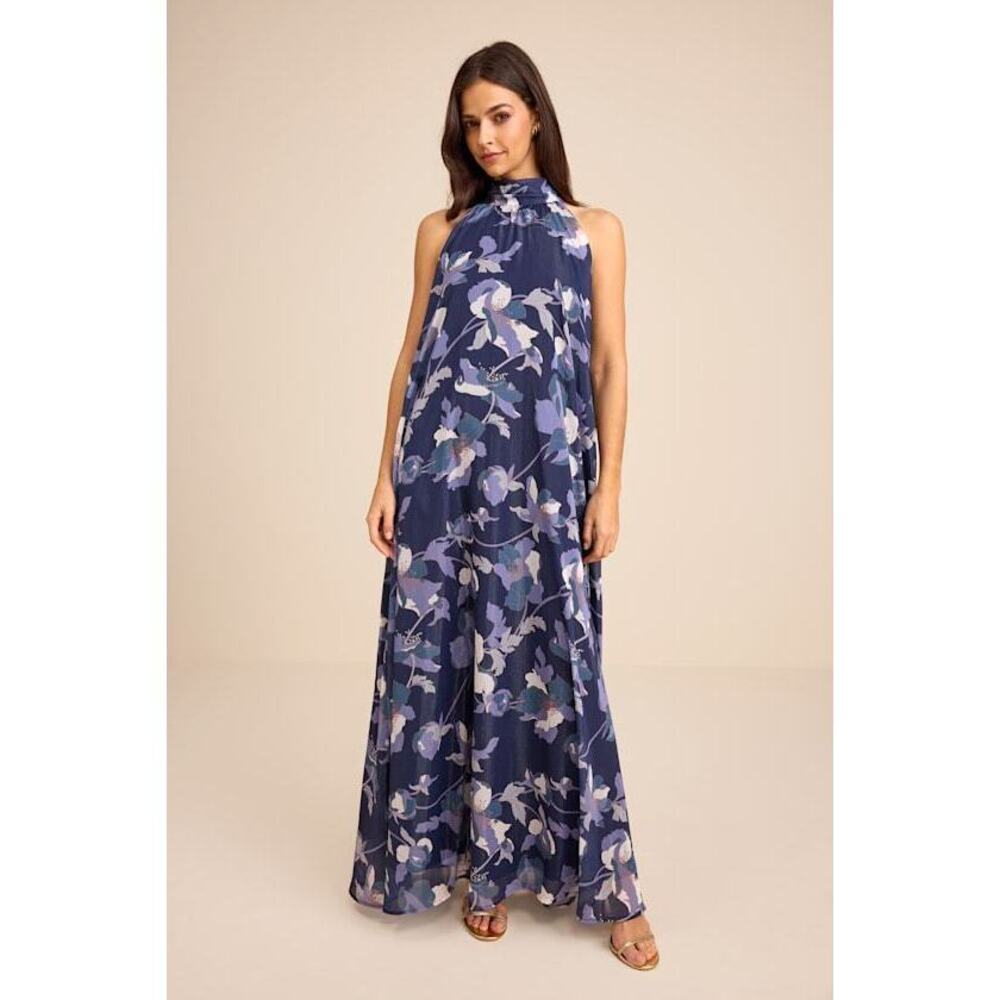 Lulus Sanza Navy Floral Halter Shift Maxi Dress Blue - Size XL
